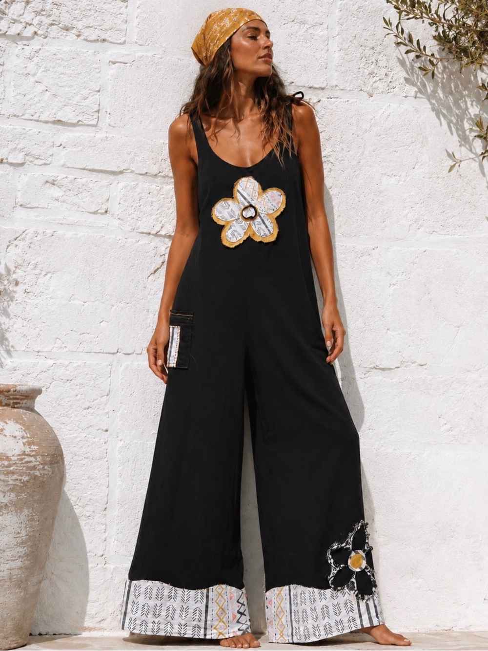 Organic Cotton Linen Jumpsuit Black Handmade Boho Floral Wide Leg Overalls S/M
